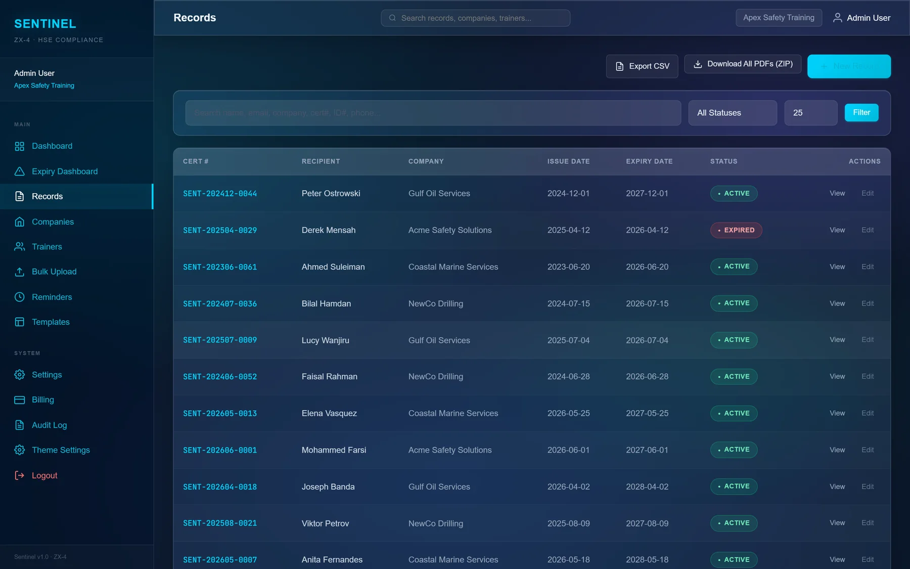 Sentinel records register — searchable list of certificates with status badges